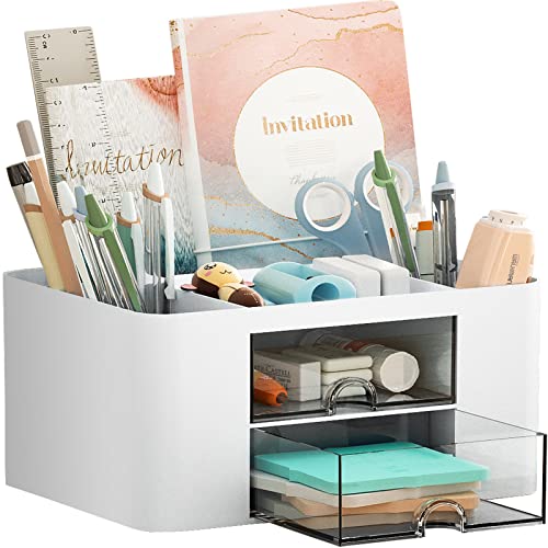 Marbrasse Pen Organizer with 2 Drawer, Multi-Functional Pencil Holder for  Desk, Desk Organizers and Accessories with 5 Compartments + Drawer for  Office Art Supplies (White)